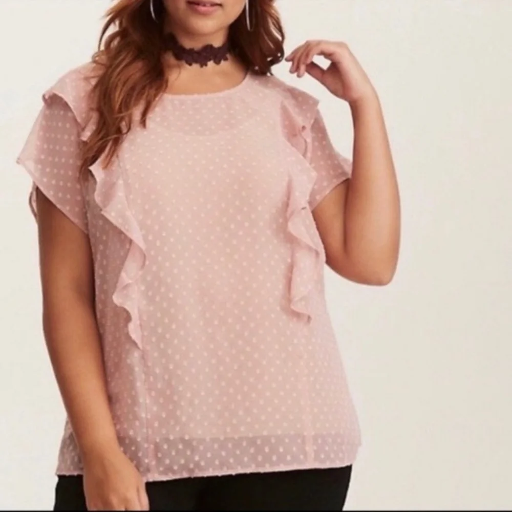 Torrid Pink Polka Dot Ruffle‎ Chiffon Top. Size: 2 - Picture 2 of 8